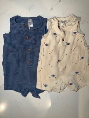 Carter's Sleeveless Knit Rompers in Blue and Cream